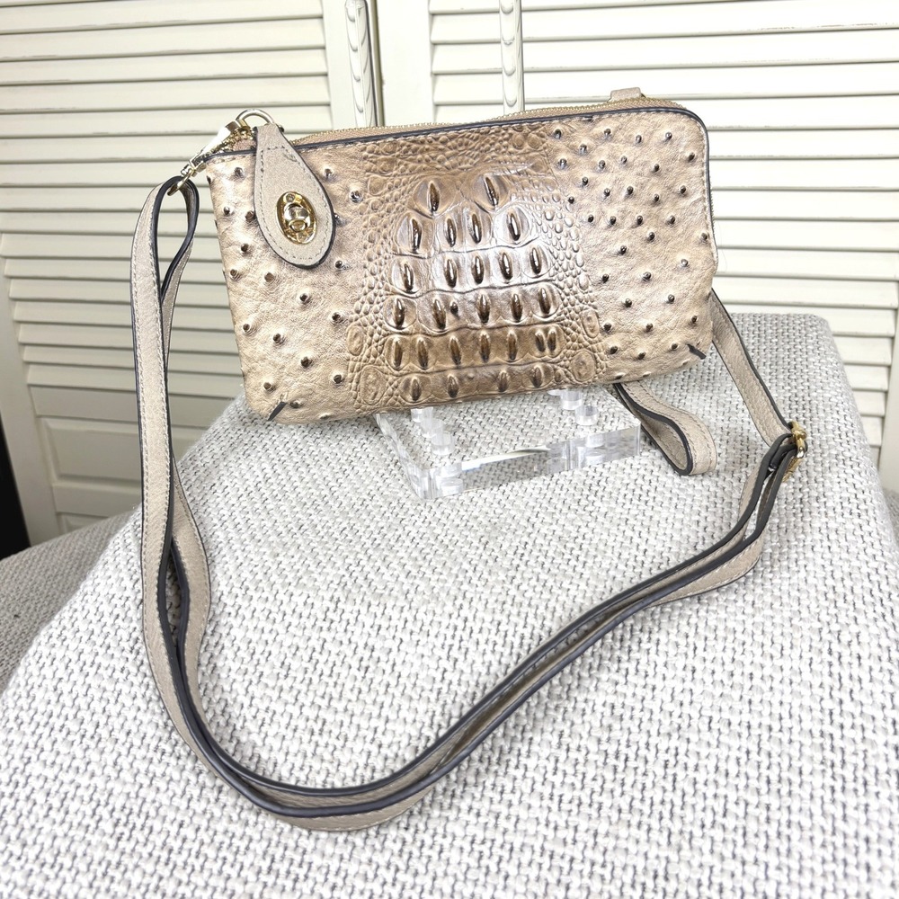Vintage Luxe Beige Ostrich Croc Embossed Leather Crossbody Bag Gold Hardware